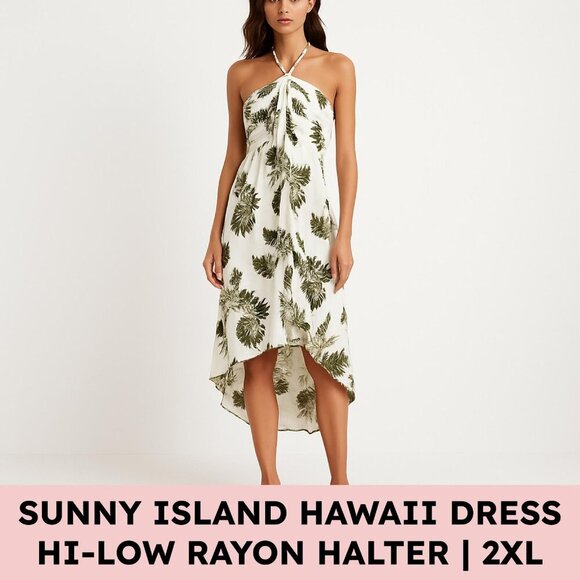 Sunny Island Hawaii Womens Halter Tropical Rayon Dress Green Ivory Size 2XL - Picture 14 of 14